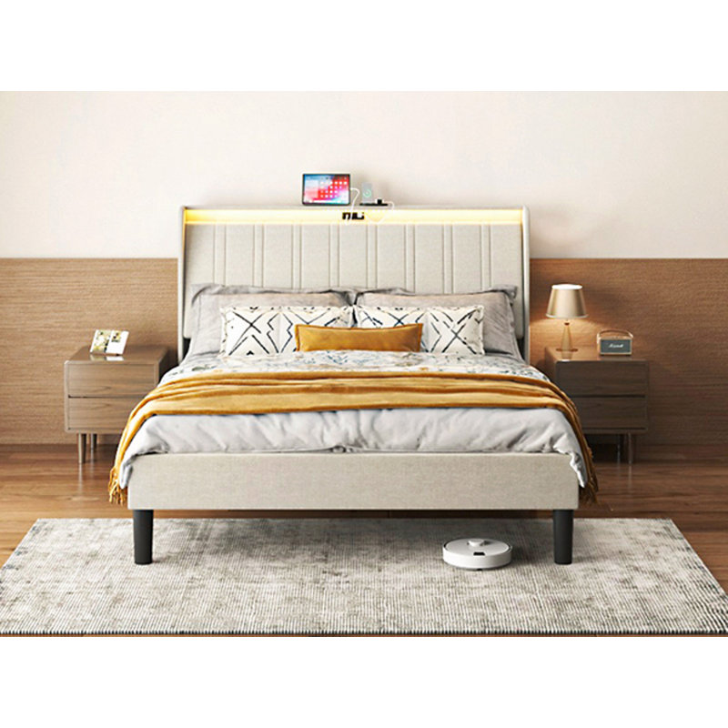 Structure de lit plateforme avec tête de lit tapissier en tissu et support en lattes de bois, Grand lit