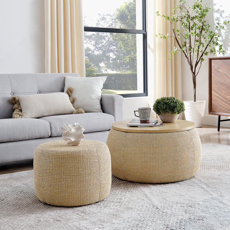 Round Storage Ottoman, Woven Rattan Fabric Ottoman, 2 In 1 Function, Work As End Table And Ottoman,With Small Seat-Nature(25"X25"X14.7")