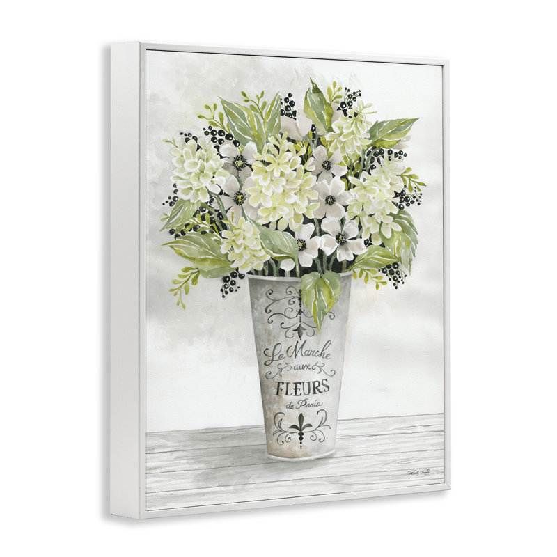 French Floral Greenery Bouquet Canvas Print with White Frame