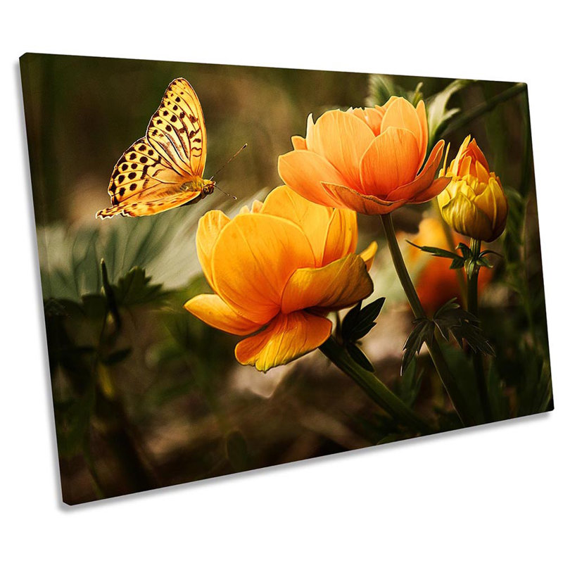 Orange Floral Butterfly Flower Framed - Wrapped Canvas Print, 30.5cm H x 45.7cm W x 2cm D
