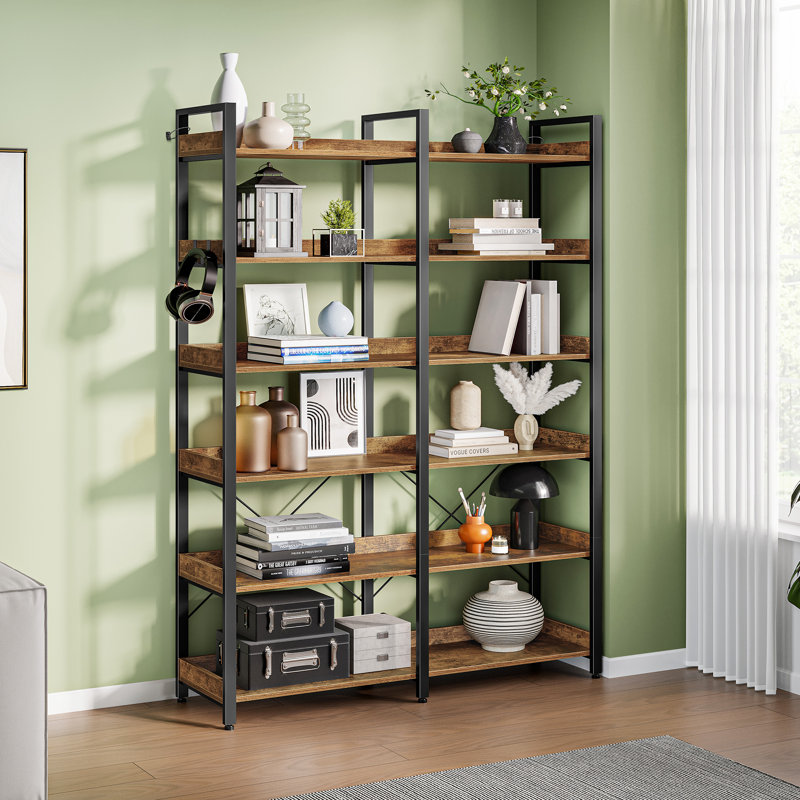 Bookshelf 6 Tier with 4 Hooks and fence, etagere bookcase with Open Shelves, Black/Brown