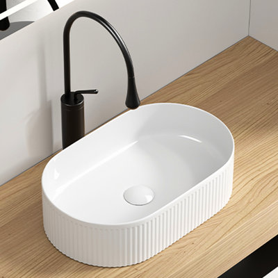 19 - 1/4 Wide Oval Above Counter Sink, 12 3/8 Deep, White Porcelain Vessel, Modern Design For Practical Bathrooms 18.81 In. Depth Countertop 12.31 Width, High Temperature Fired And Scratch
