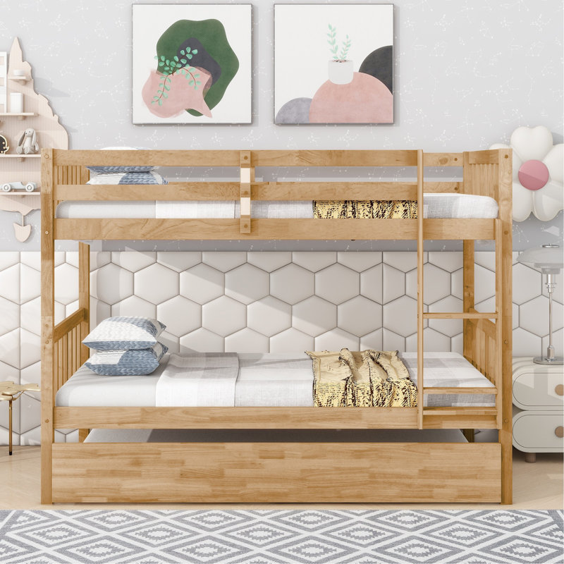 Sotion Kids Bunk Bed with Trundle, Twin Over Twin, Natural