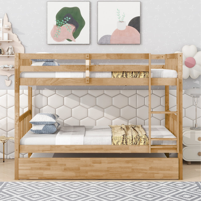 Sotion Kids Bunk Bed with Trundle, Twin Over Twin, Natural
