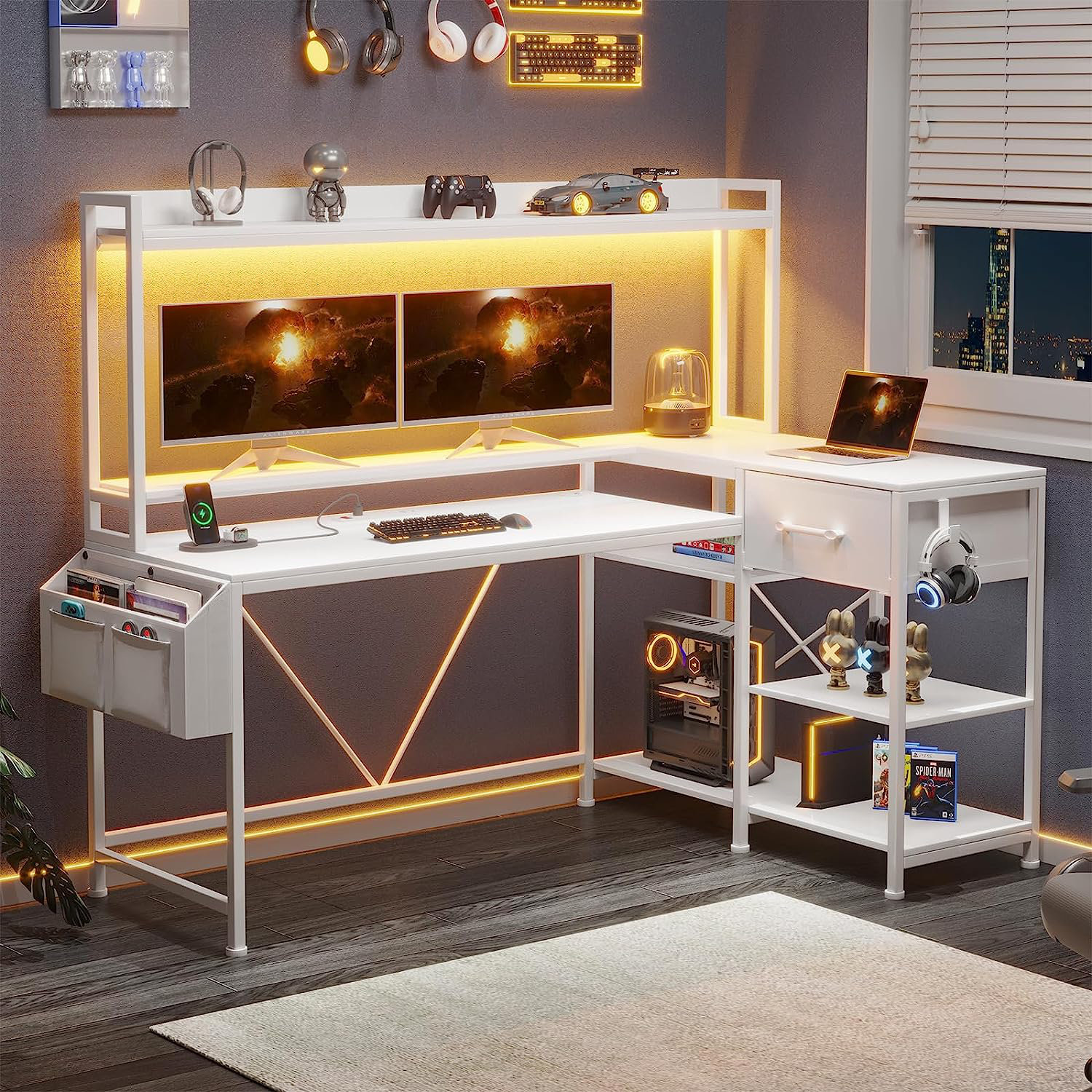 L Shaped Gaming Desk with LED Lights Pegboard and Drawers Corner