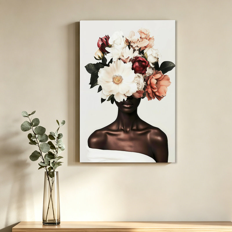 Art mural de femmes noires avec tête de fleur noire, 20 x 30 pouces