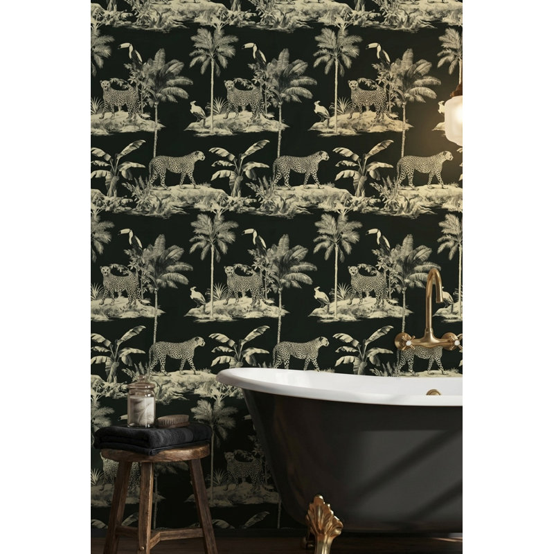 Papier peint rétro avec oiseaux tropicaux, Non tissé, non collé