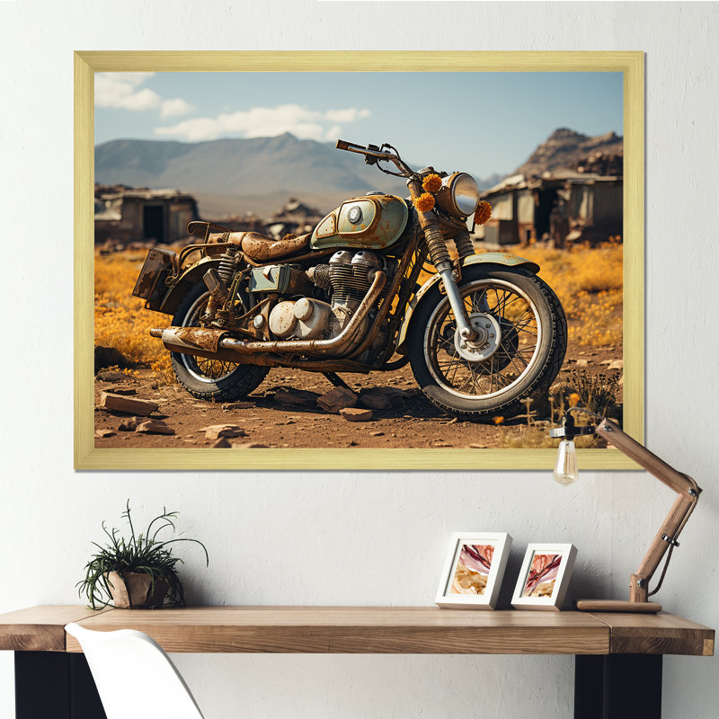 Rustic Adventure - Moto - Décoration murale moto, H 24 po x l 32 po x P 1 po, Cadre doré simple