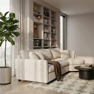 107.8" Chenille Fabric  3-Seat Modern Minimalist Couch,3-Piece Sectional Sofa With Curved Chaise(Beige)