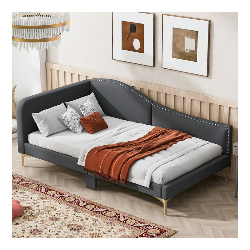 Lit de jour rembourré avec tête de lit et accoudoirs, pieds de soutien, Lit simple, Gris
