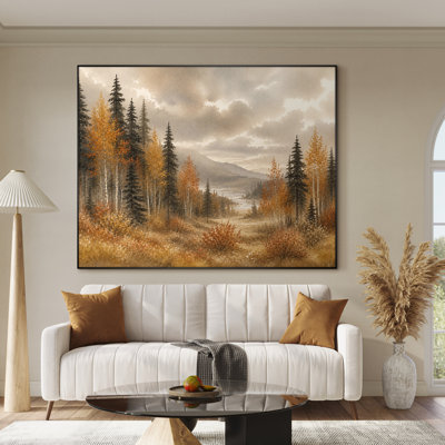 Très grand art mural imprimé sur toile - Paysage de forêt d'automne avec des arbres dorés, décor de scène naturelle pour le salon ou la chambre à coucher "Assemblage requis (cadre non fini)"