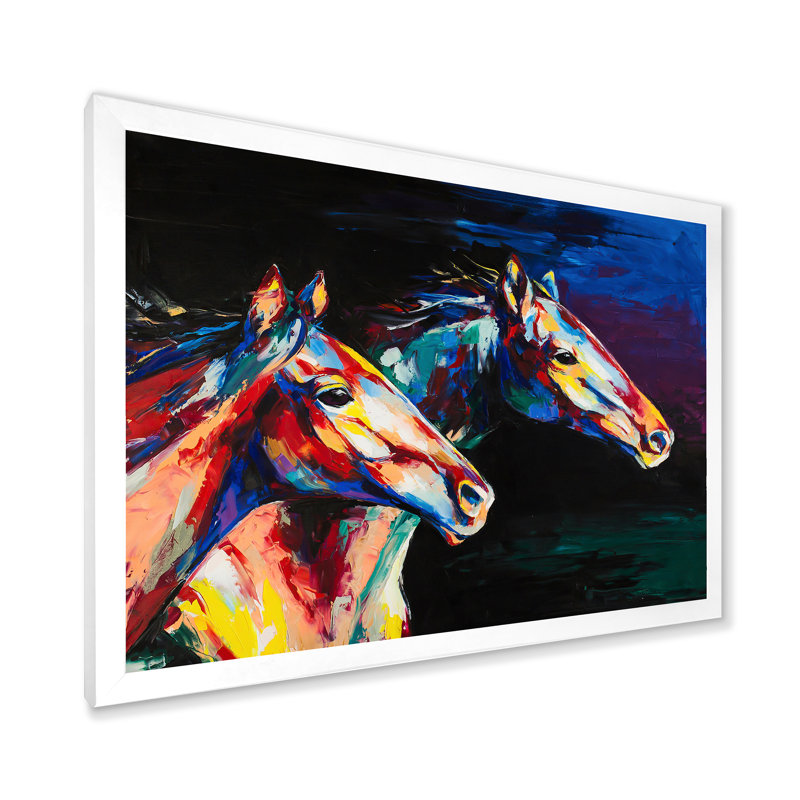 «Colorful Horses Brush», art mural traditionnel sur toile, H 16 po x l 32 po, Impression blanche sur toile encadrée