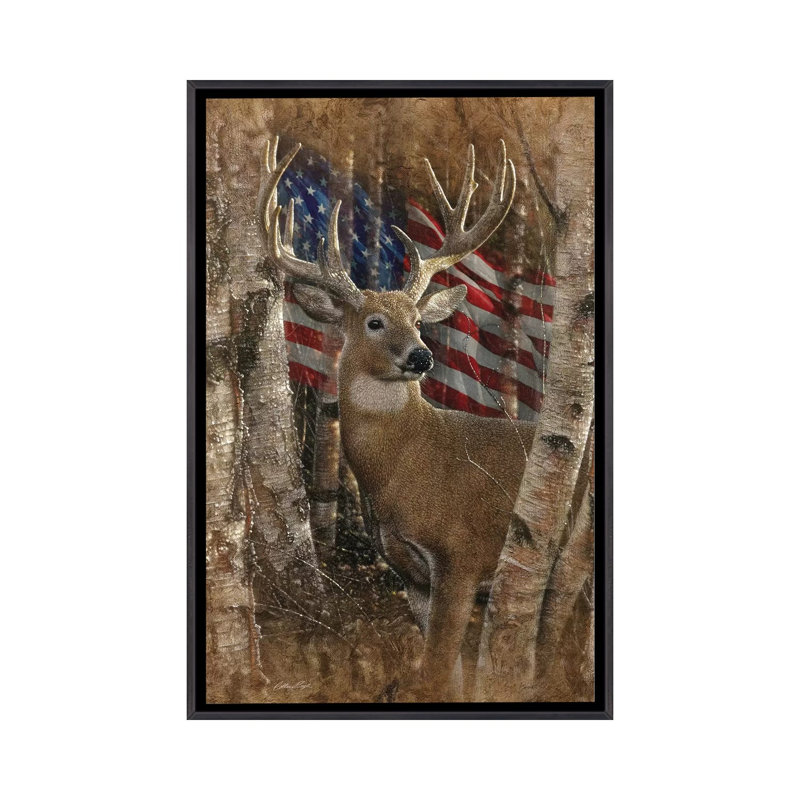 Whitetail Buck America par Collin-gris-impression d’art graphique, H 48 po x l 32 po x P 1,5 po, Toile avec cadre noir patiné