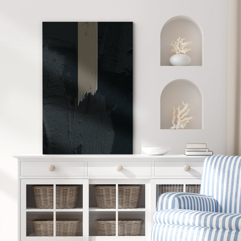 Motif géométrique noir sur fond gris à rayures, formes abstraites et minimalistes, décoration murale nordique contemporaine sur toile