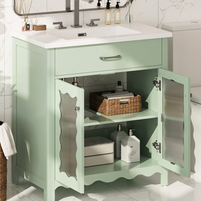 Meuble-lavabo de 31 po avec lavabo rectangulaire en céramique, rangement spacieux, profil incurvé et rayures verticales pour une ambiance lumineuse et lumineuse, charnières à fermeture en douceur, pieds en bois d'hévéa