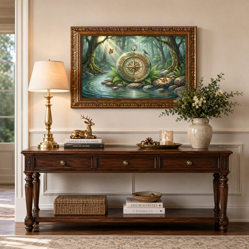 Art mural en toile noyer doré encadré pour le salon, la chambre à coucher, le bureau ou le vestibule - décoration murale décorative avec boussole forêt