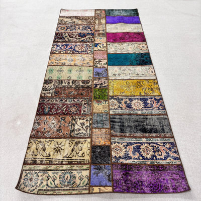Modern Beige Patchwork Wool Rug, 1.5 x 3.4 Ft Area Rug