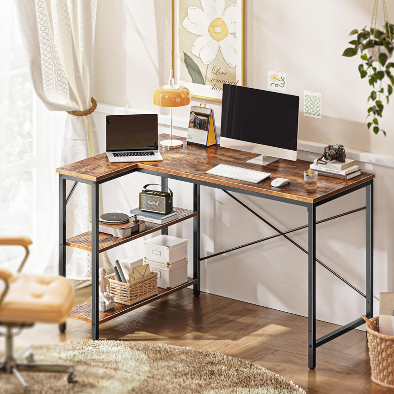 L Shaped Computer Desk with Reversible Storage Shelves, Gaming Corner Desk for Home Office, Brown/Black