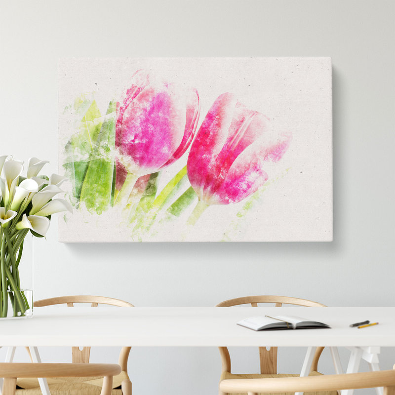 Pair of Pink Tulip Flowers Watercolour - Wrapped Canvas, 40cm H x 60cm W x 3cm D
