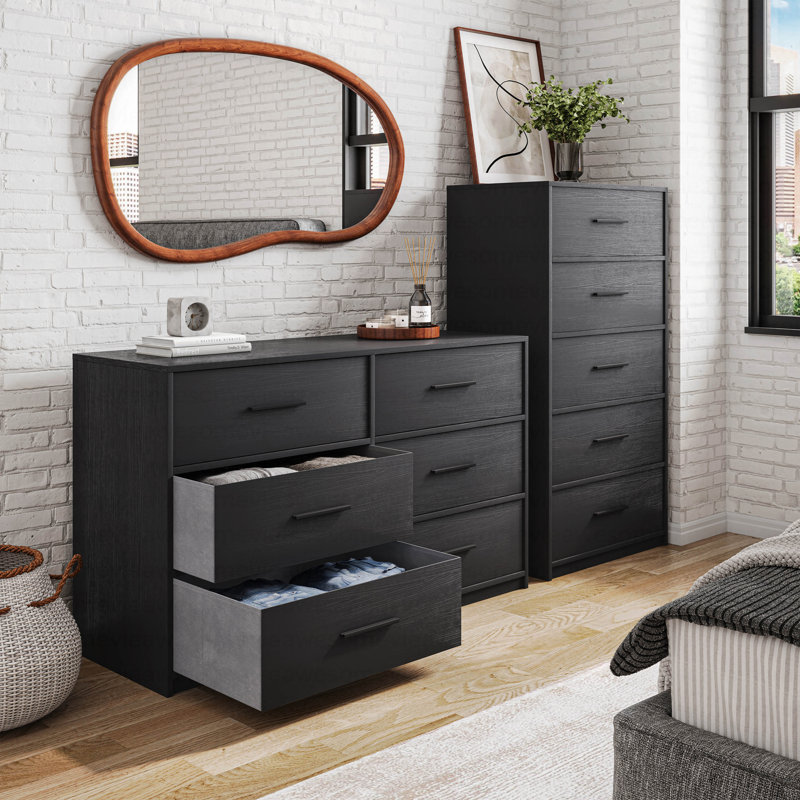 Commode 5 tiroirs avec grands tiroirs en tissu, noir, Noir