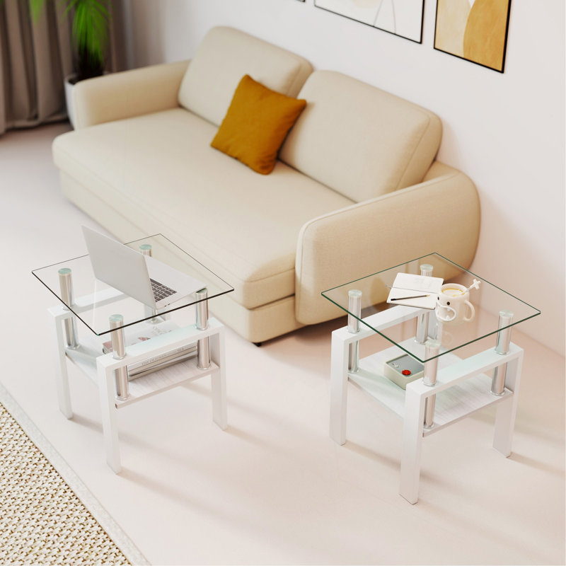 Ensemble de 2 tables à thé modernes en verre trempé, plateau en verre trempé avec panneau de fibres à densité moyenne, table basse, table de bout, table carrée pour le salon, transparent / blanc