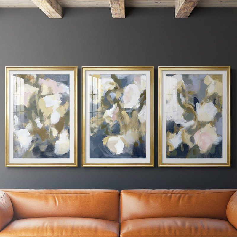FLORAL Series DCLVII - Impression encadrée sur mesure de qualité supérieure - 3 pièces, H 27 po x l 39 po, Doré