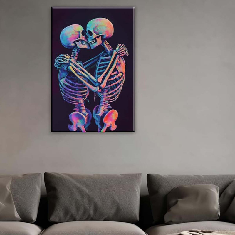 Wall Art Kissing Skull Art Poster Skeleton Lover Picture Print On Canvas Abstract Horrible Theme Painting., 45 cm H x 30 cm W