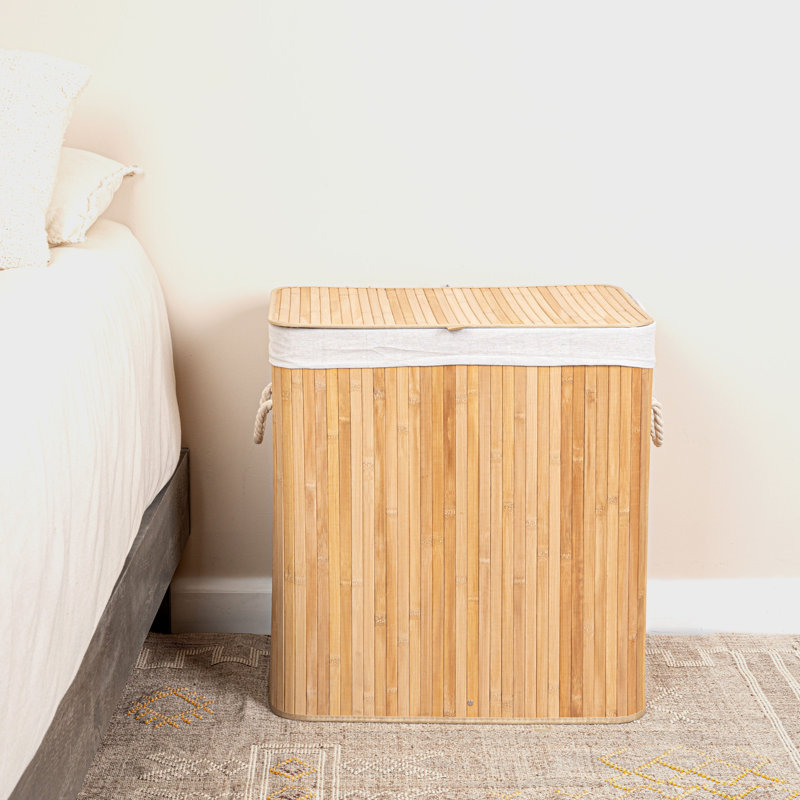 Natural Bamboo Double Laundry Hamper with Rope Handles and Lid