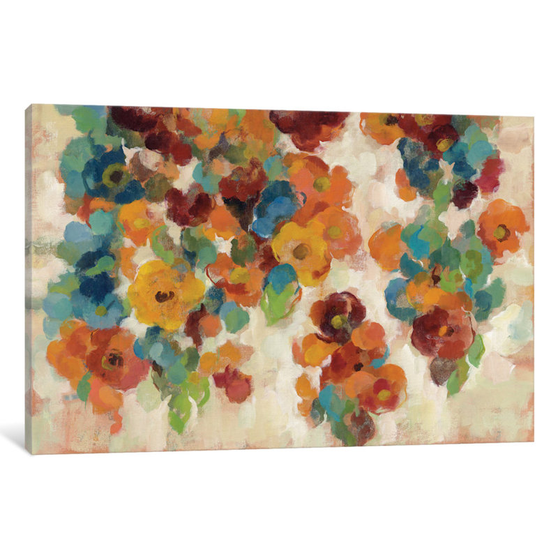 Reproduction d’art sur toile tendue fleurs à épices et turquoise, H 26 po x l 40 po x P 1,5 po