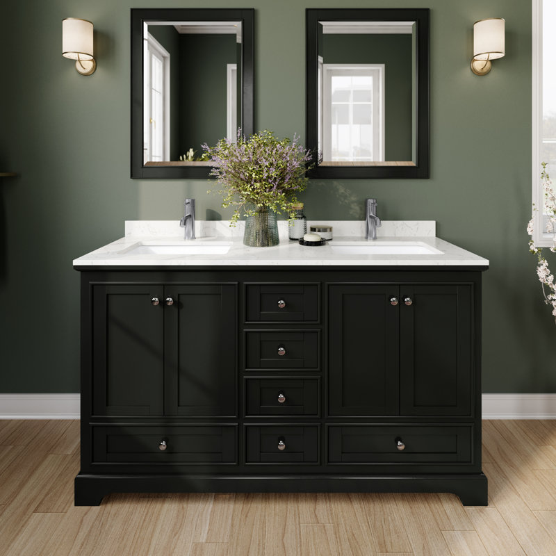 Ensemble de meuble-lavabo double 60 "avec miroir Deborah, Espresso foncé, Marbre de culture de Carrare, Chrome poli