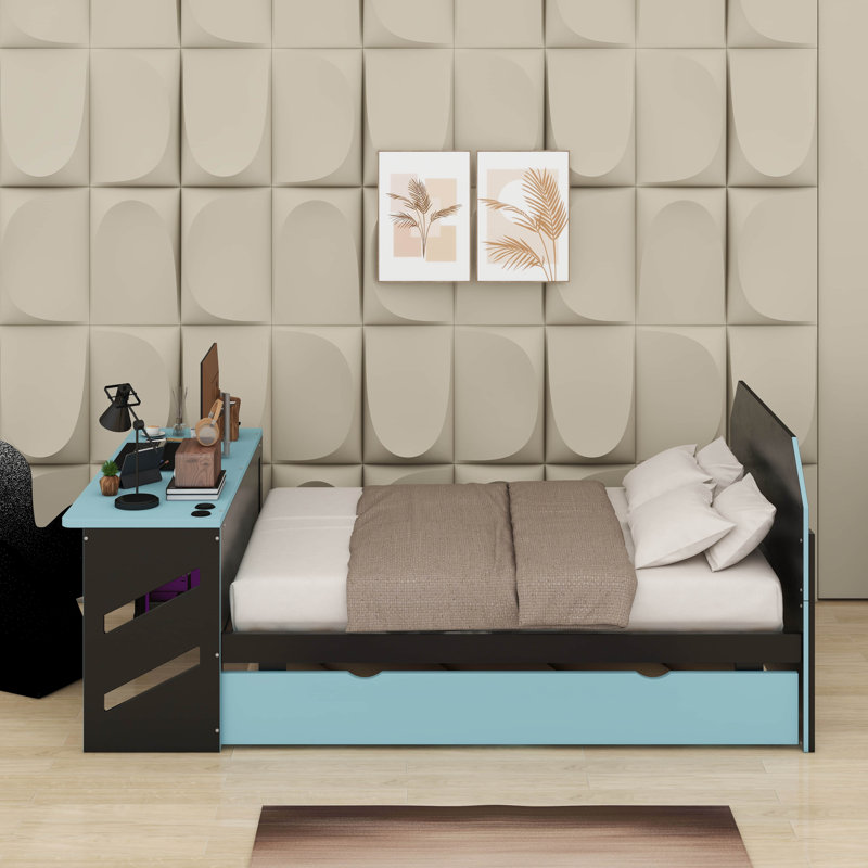 Full Size Wood Daybed With Trundle,Desk And USB, Cloud Blue