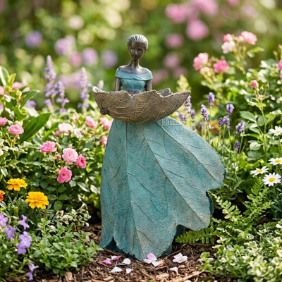 Fairy Garden Statue Bird Feeder — 12-Inch Resin Fairy Statue for Outdoor Garden Decoration