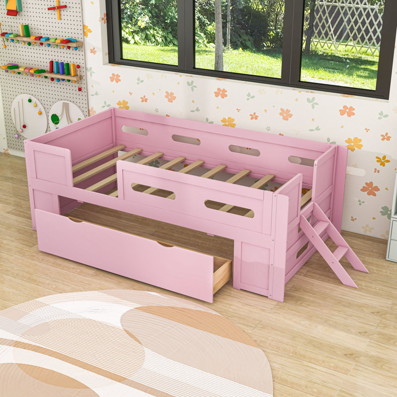 Lit plateforme avec garde-corps et tiroir de rangement, Lit simple, Rose