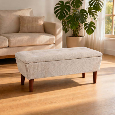 Banc repose-pieds rectangulaire de 42 pouces en lin, tabouret bas moderne avec repose-pieds en bois massif, banc à chaussures multi-usage et banc de bout de lit pour le salon / la chambre à coucher
