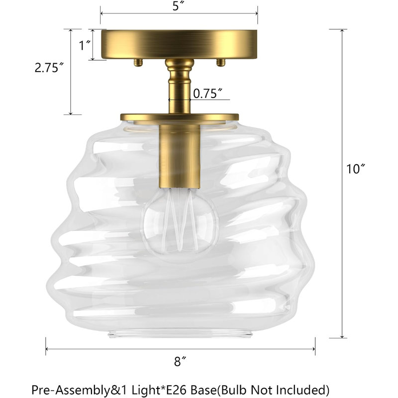 8 in Mid-Century Small Semi Flush Mount Ceiling Light, Clear Glass Shade with Gold Base, Dimmable Light Fixture for Hallway, Entryway