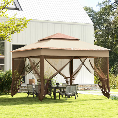 Abri escamotable 11 'X. Abri de jardin pour l'extérieur avec filet à glissière. Tente instantanée pour les activités de jardin. Kaki. Grande fabrication en métal double. Profitez de la tente d'événement amovible à l'extérieur. Pour le plaisir