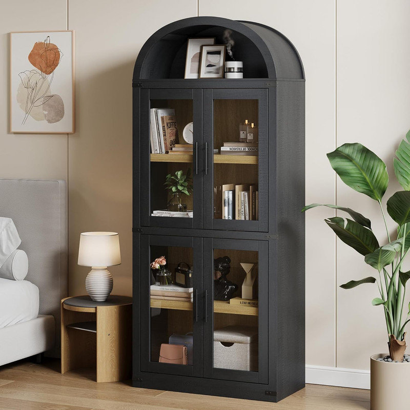 71.4" Arched Farmhouse Bookcase with Glass Doors, Wooden Display Cabinet for Living Room, Kitchen, Black/Natural