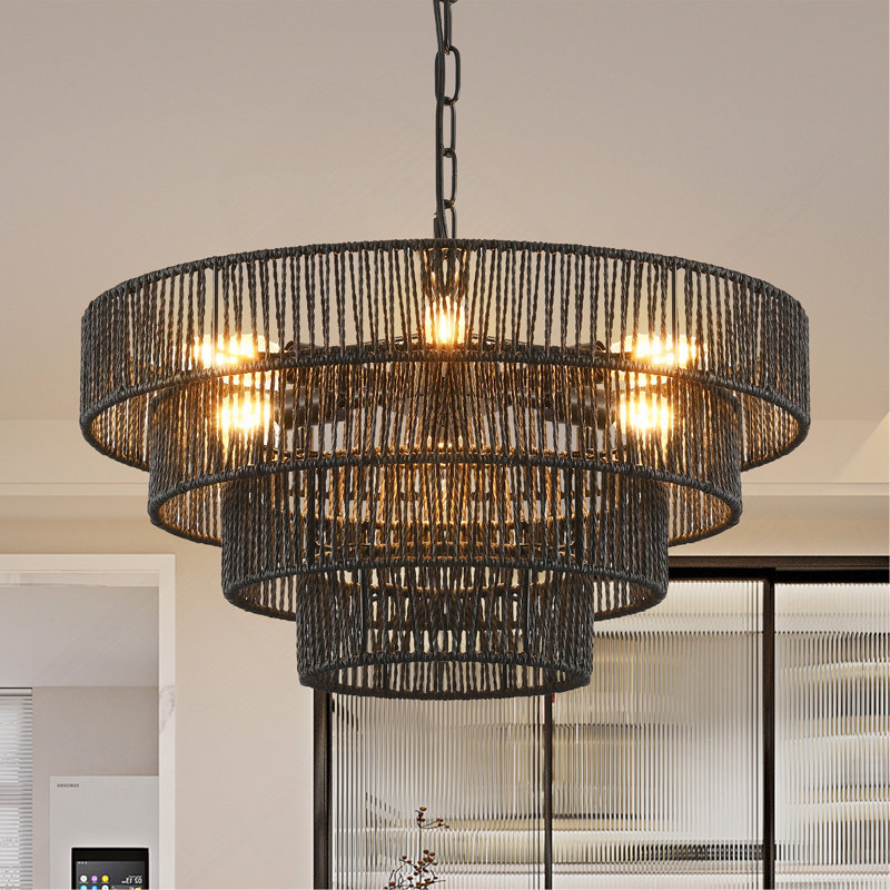 Luminaire suspendu réglable en corde de chanvre noir 6 lumières 6 lumières, Noir, Six lumières