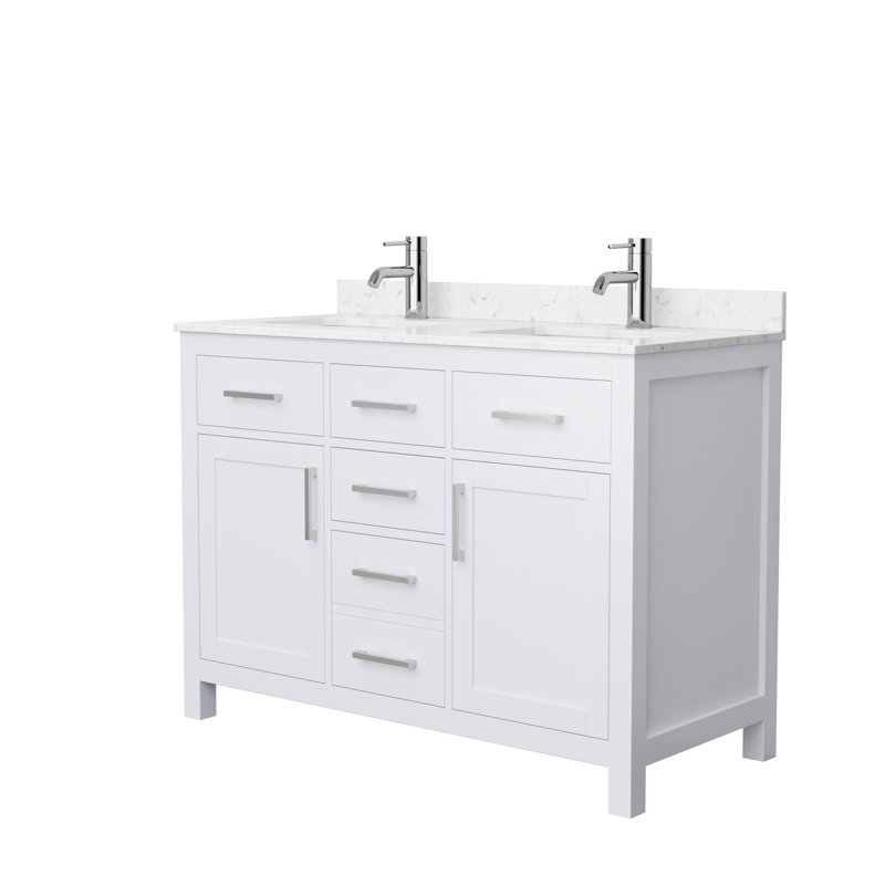 Beckett 48" Freestanding Double Bathroom Vanity with Cultured Marble Top, White, Carrara Cultured Marble, Brushed Nickel