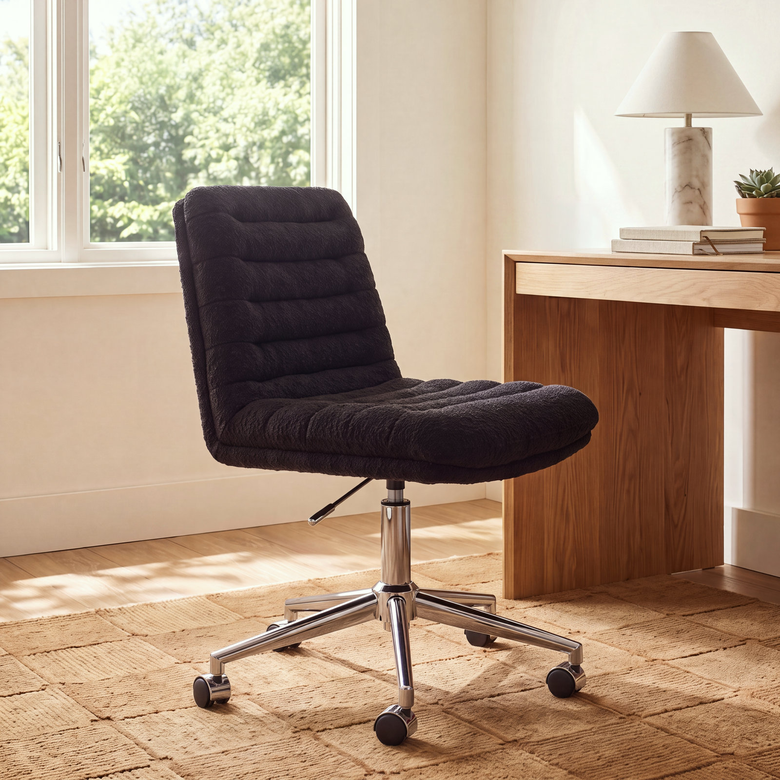 Ashia Swivel Office Chair, Black Boucle