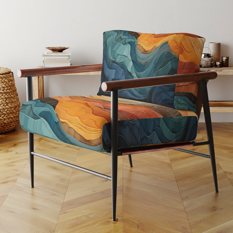 Coral Teal Bold Mountains Landscape - Fauteuil rembourré rustique, fauteuil d'appoint Coral, Doré