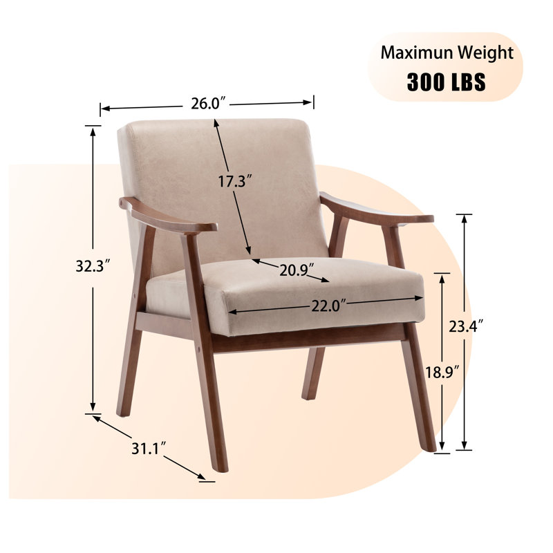 Fauteuil d'appoint rembourré de style Mid-Century avec structure en bois massif et dossier très épais, Beige