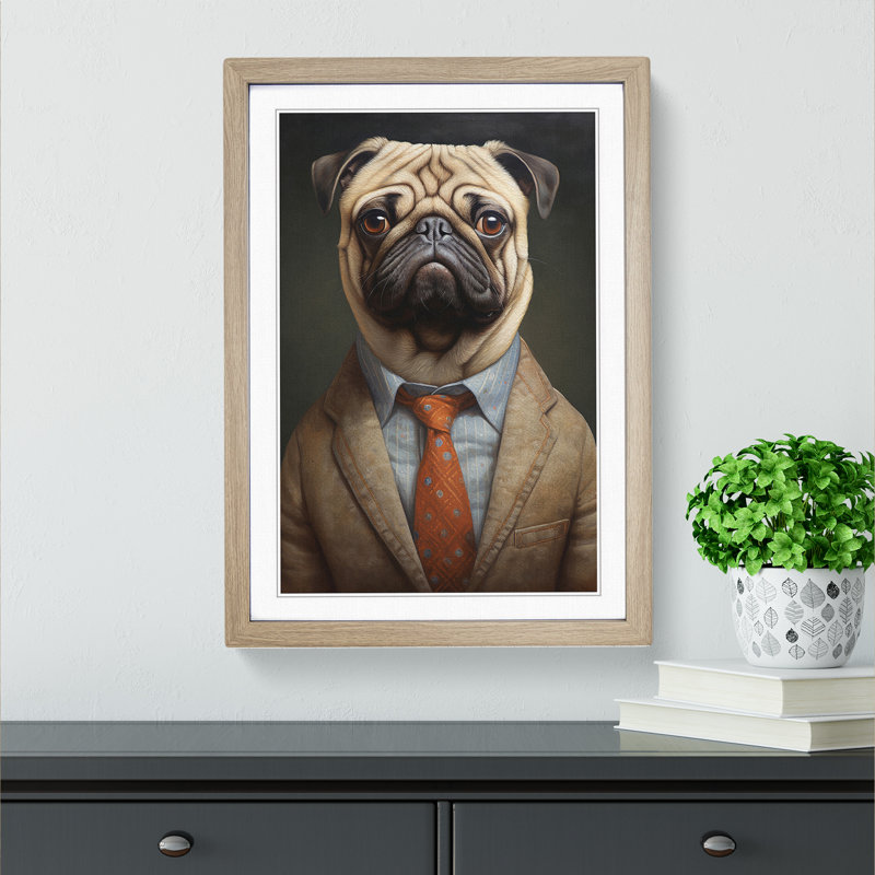 Pug in a Suit Painting - Framed Print, Oak Framed, 64cm H x 46cm W x 2cm D
