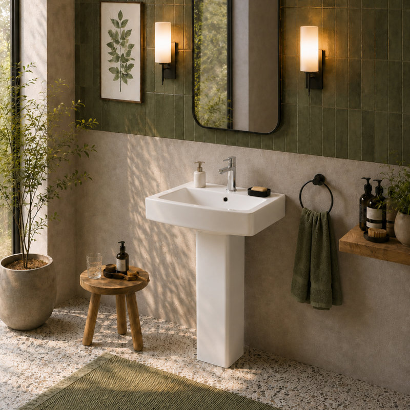 34.5" White Ceramic Rectangular Pedestal Bathroom Sink With Overflow
