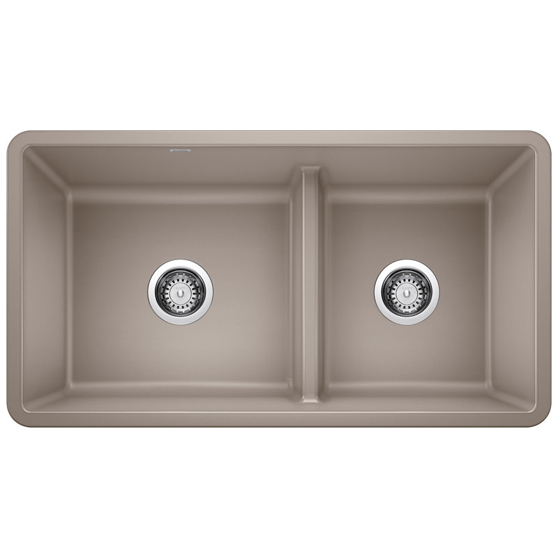 Precis SILGRANIT 33" L x 18" W Double Bowl Undermount Kitchen Sink with Low Divide, Truffle