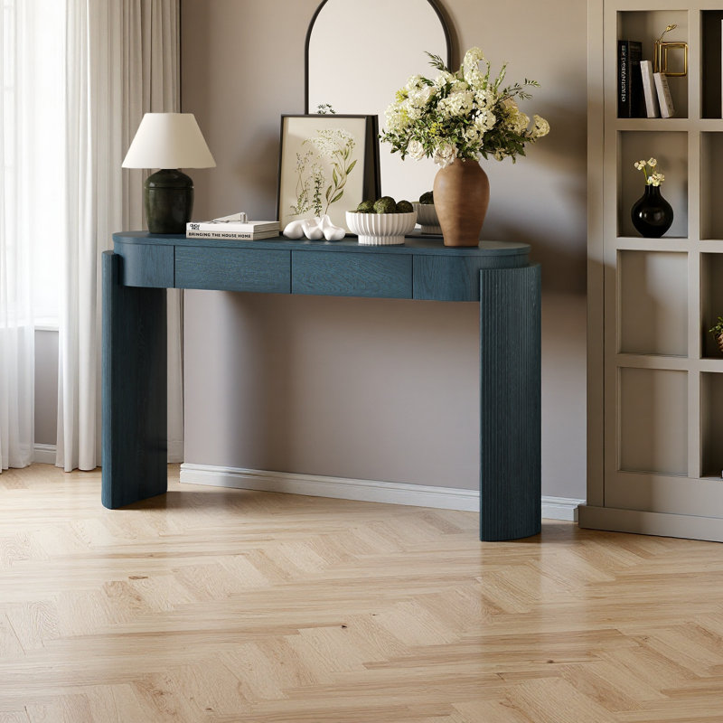 Table d'entrée avec finition grain de bois naturel, console avec conception cannelée, plateau ovale et 2 tiroirs pour l'entrée et le salon