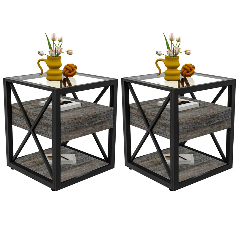 Ensemble de 2 tables de chevet avec tiroir pour la chambre à coucher, table de bout avec plateau en verre trempé pour le salon