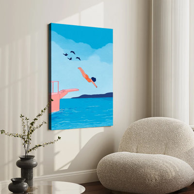 Woman Diving Into Ocean Flat Illustration Large Gallery Wrapped Canvas Wall Art Print For Living Room Bedroom