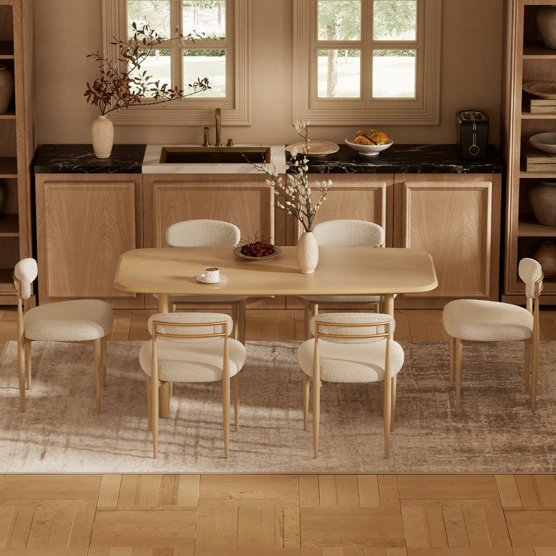 7 Piece Dining Table Set, Kitchen Table &Chairs Set with Rectangel Table and 6 Bouclé Chairs, Dinner Table with Sculptural Cutouts Base for Dining Room