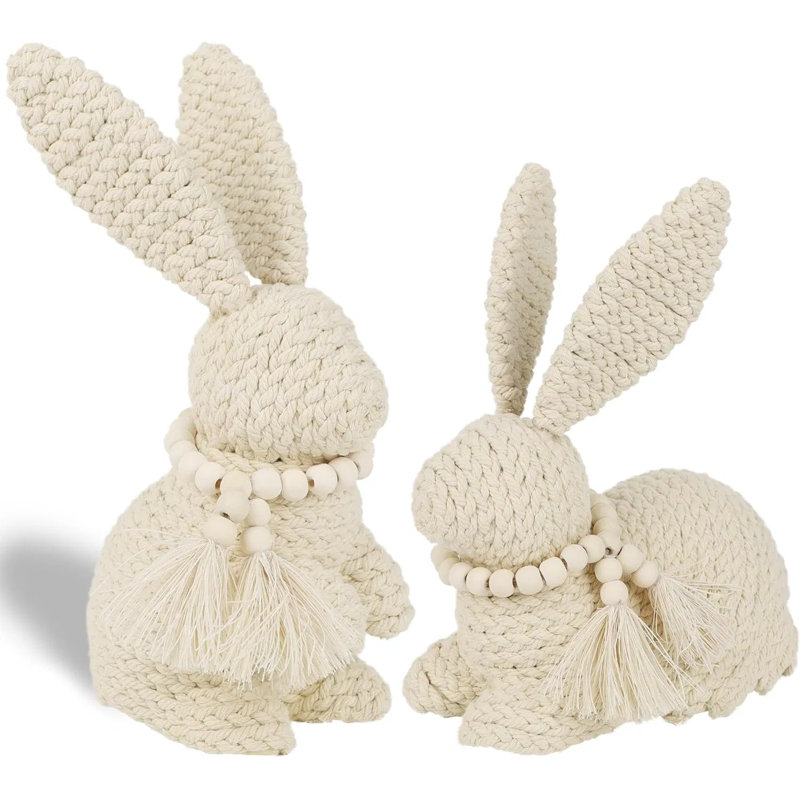 Paquet de 2 figurines de lapin de Pâques, statues de lapin en coton tissé beige, décorations de table de ferme de printemps pour centre de table